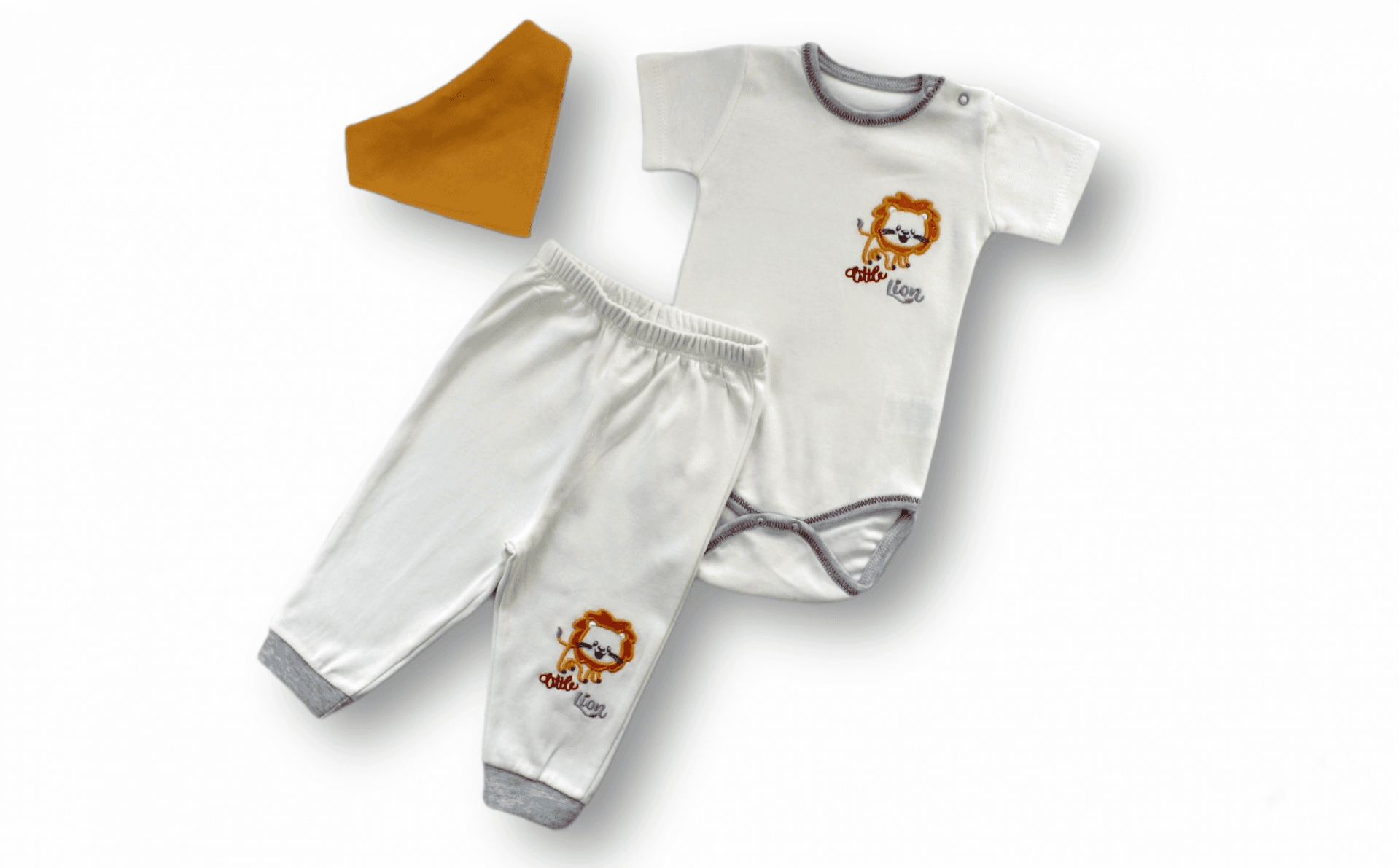 Yavru Aslan Nakışlı Bandajlı Kısa Kollu Zıbınlı Bebek Takımı Ekru