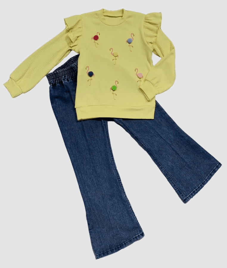 4-5-6 Yaş Kot Pantolonlu Flamingo Desenli Penye Sweat Uzun Kollu 2li Kız Çocuk Takımı Sarı