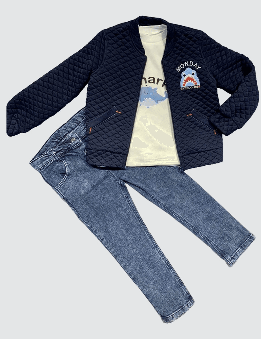 4-5-6 Yaş Kot Pantolonlu Pilot Mont Uzun Kollu Penye Sweat 3lü Erkek Çocuk Takımı Lacivert