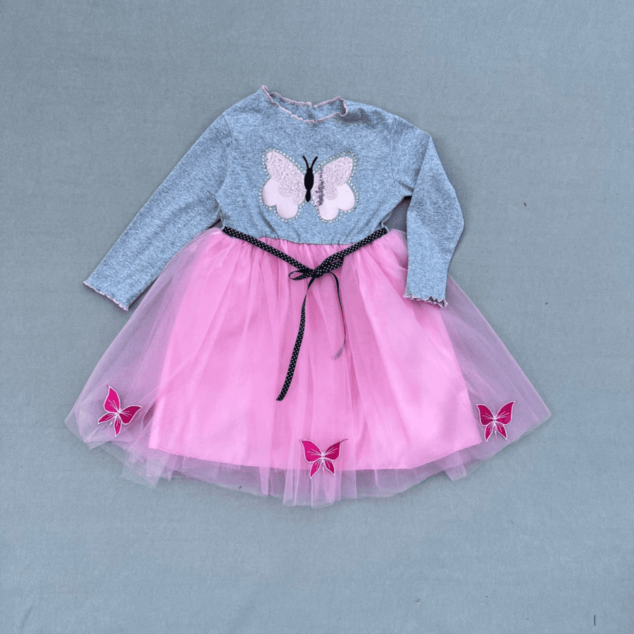 Taşlı Kelebek Desenli Kurdela Kuşaklı Tütü Elbise - Pembe