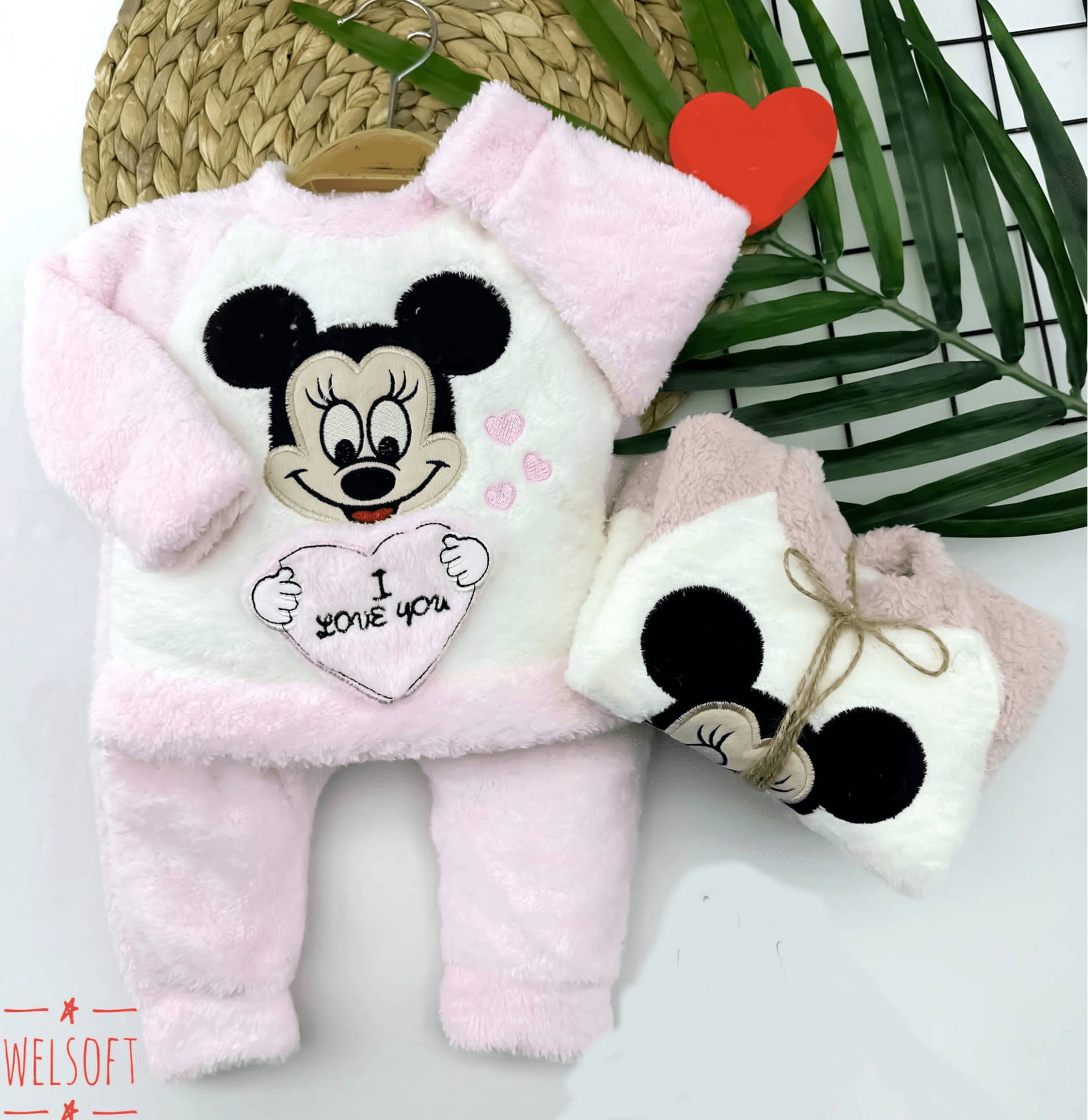 6-9-12-18 Ay Welsoft Kumaş Mickey Desenli Uzun Kollu 2li Kız Erkek Bebek Takımı Gül Kurusu