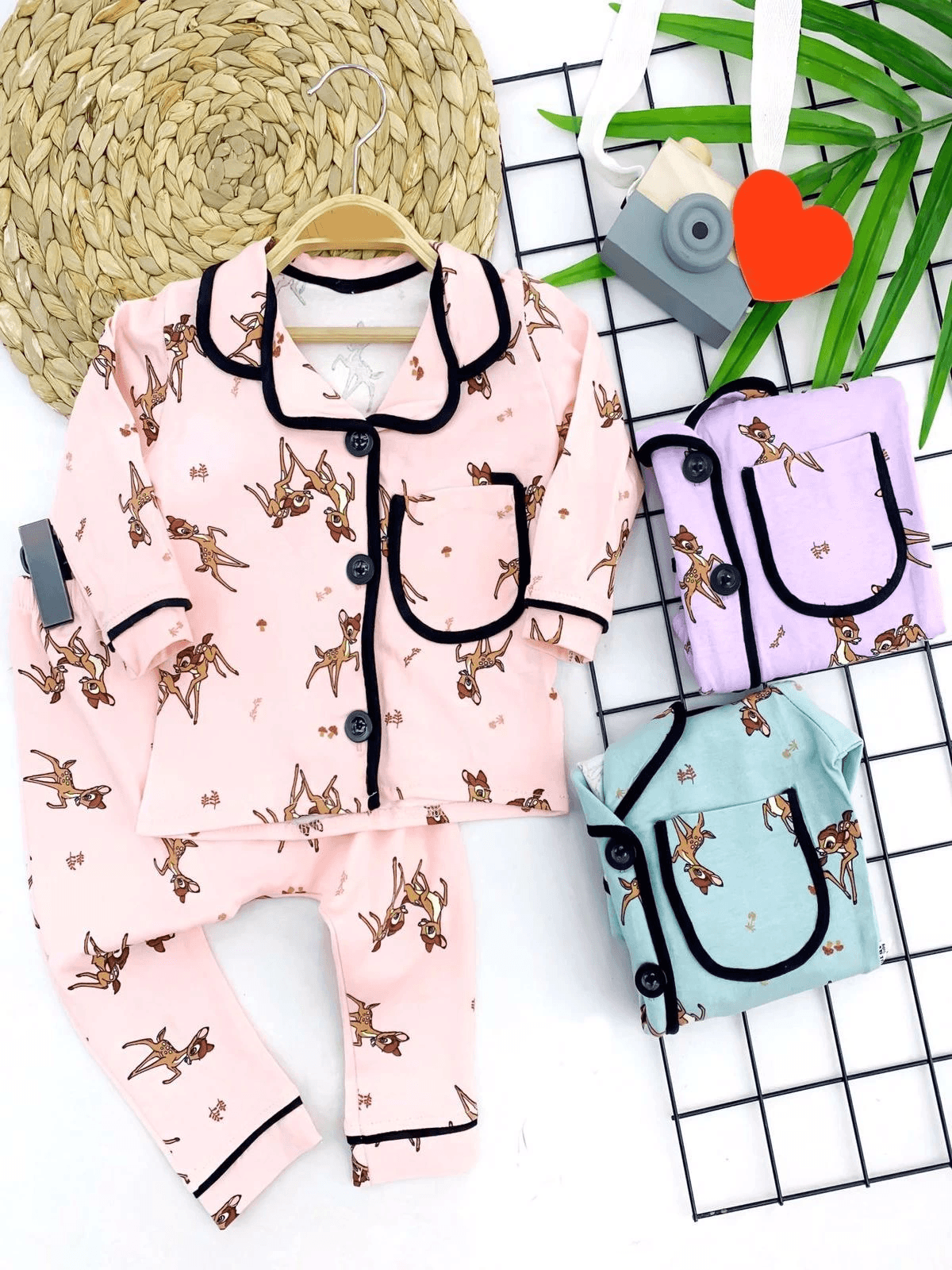 9-12-18-24 Ay Ceylan Baskılı Düğme Kapamalı 2li Kız Erkek Bebek Pijama Takımı Yeşil