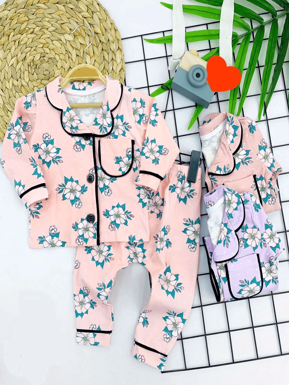 9-12-18-24 Ay Çiçek Baskılı Düğme Kapamalı 2li Kız Erkek Bebek Pijama Takımı Lila