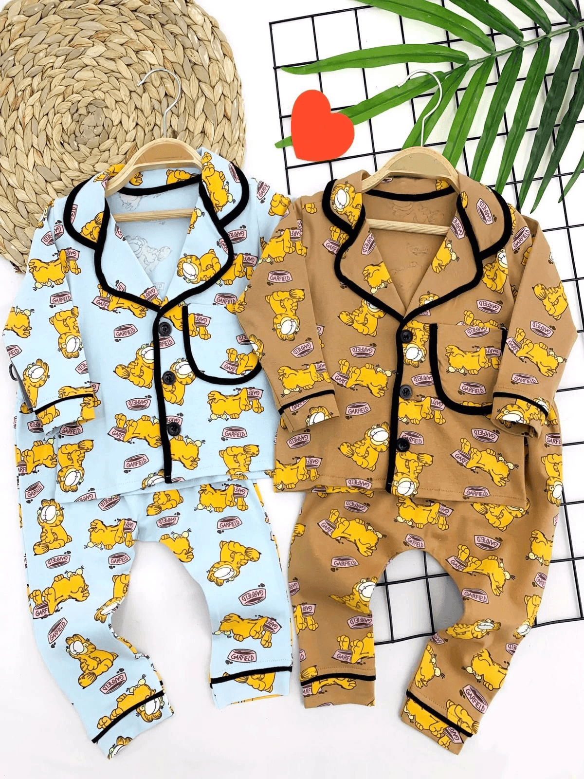 9-12-18-24 Ay Garfield Baskılı Düğme Kapamalı 2li Kız Erkek Bebek Pijama Takımı Mavi