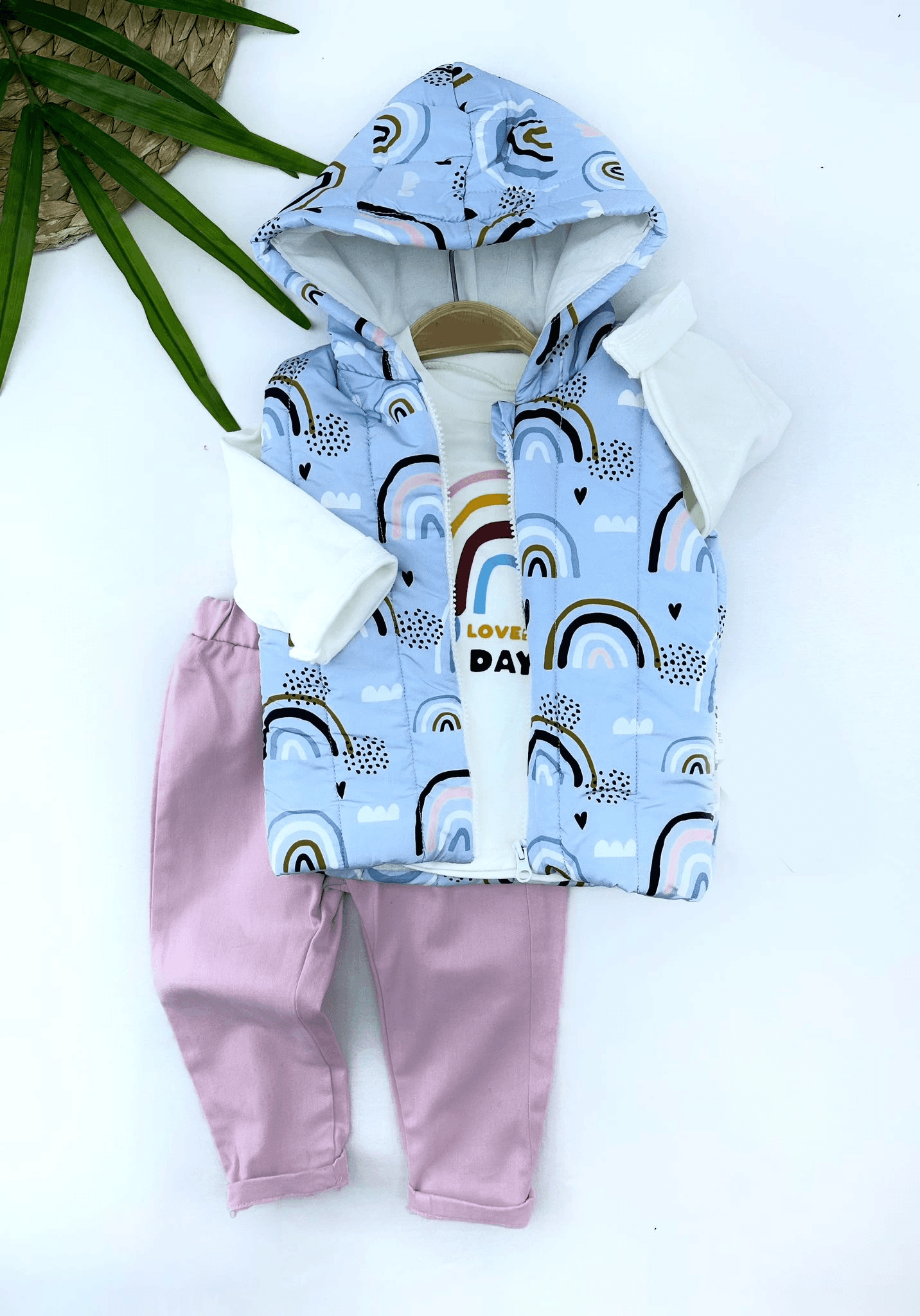 9-12-18-24 Ay Kapşonlu Fermuarlı Baskılı Şişme Yelek Sweat Pantolonlu 3lü Kız Erkek Bebek Takımı Mavi