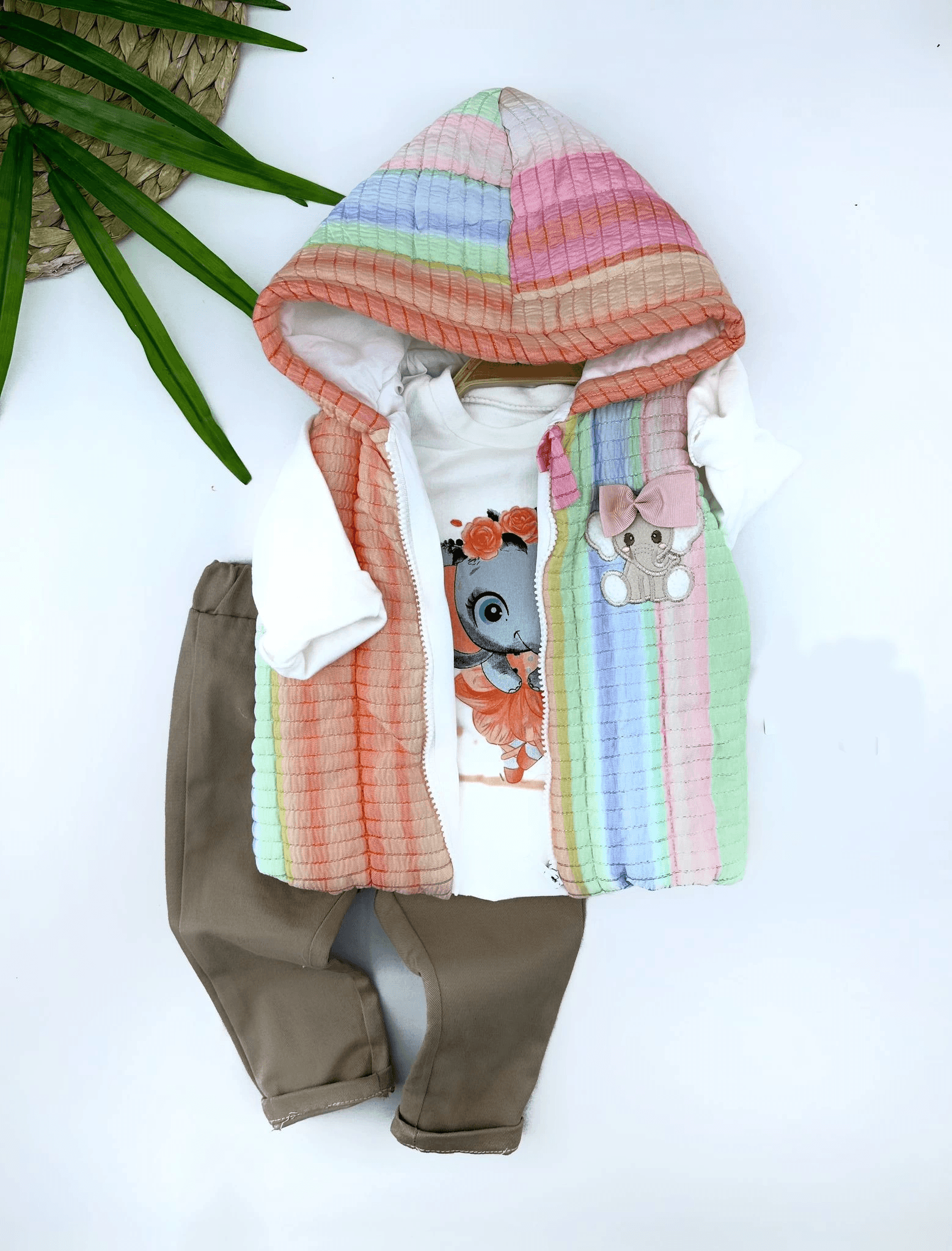 9-12-18-24 Ay Kapşonlu Fermuarlı Gökkuşağı Şişme Yelek Sweat Pantolonlu 3lü Kız Erkek Bebek Takımı Kahverengi
