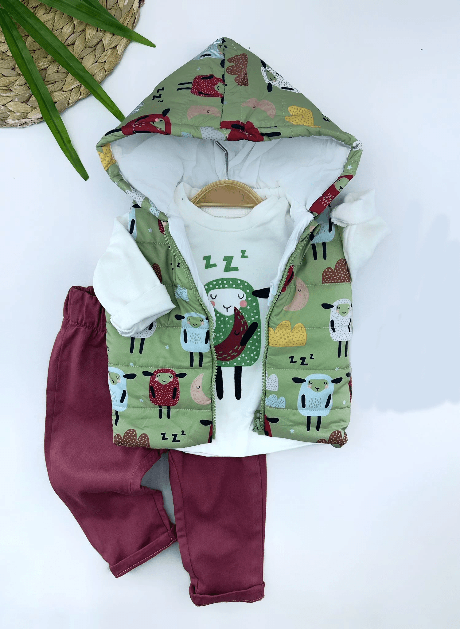 9-12-18-24 Ay Kapşonlu Fermuarlı Kuzucuk Şişme Yelek Sweat Pantolonlu 3lü Kız Erkek Bebek Takımı Yeşil