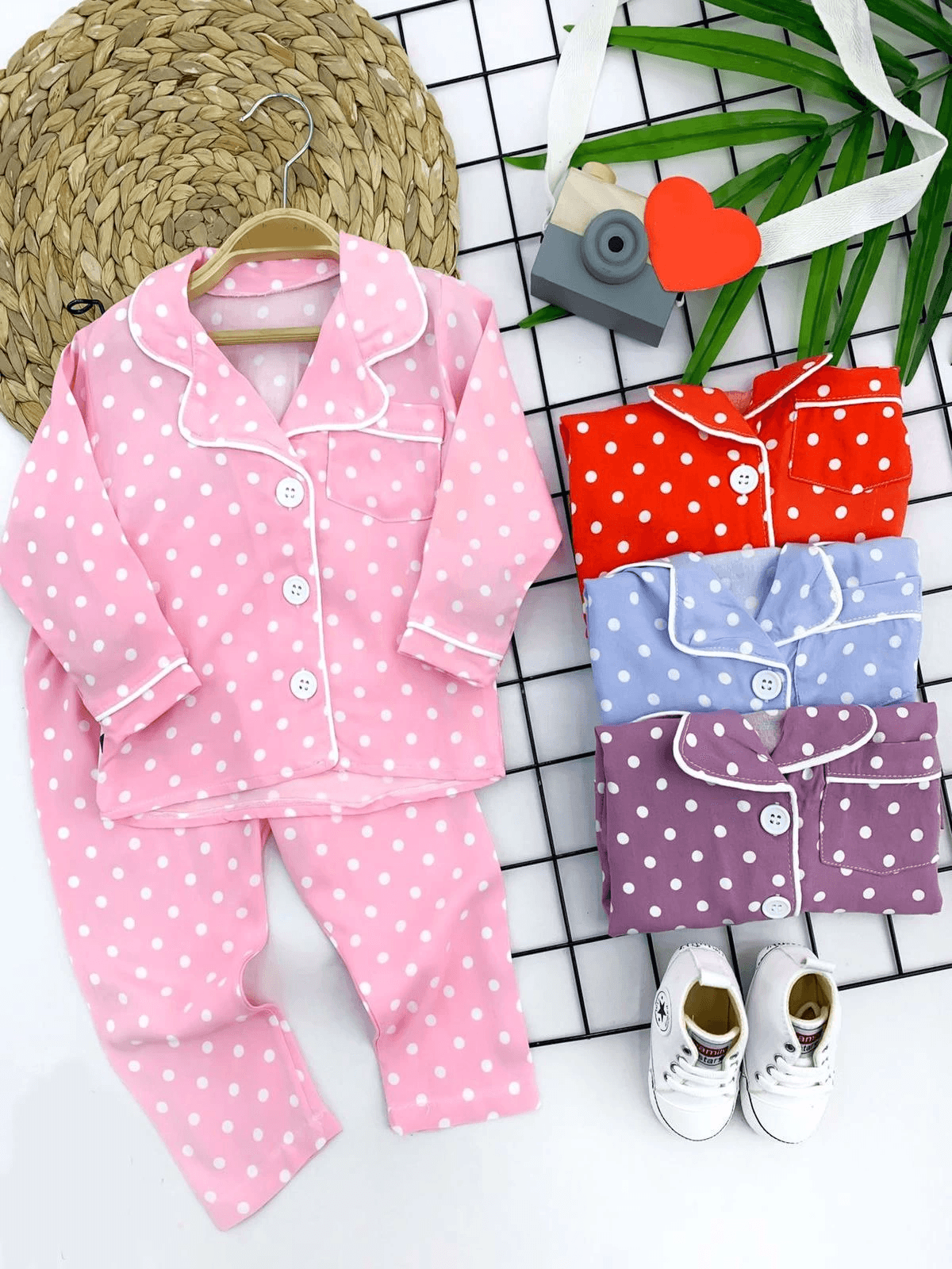 9-12-18-24 Ay Puantiyeli Düğme Kapama 2li Kız Erkek Bebek Pijama Takımı Mavi