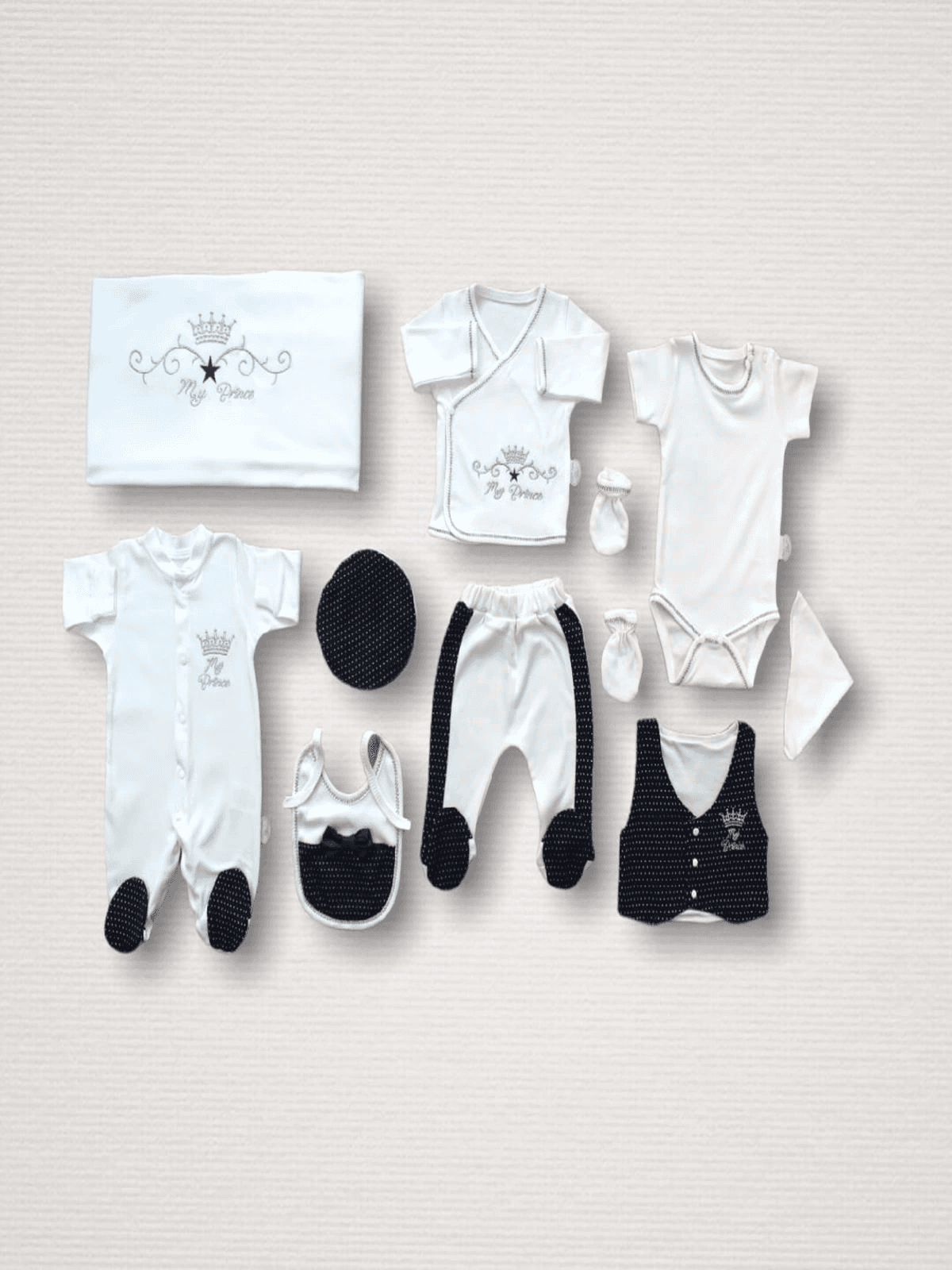 Nakışlı Pamuklu Bebek Zıbın Takımı Hastane Çıkışı Seti Beyaz Siyah